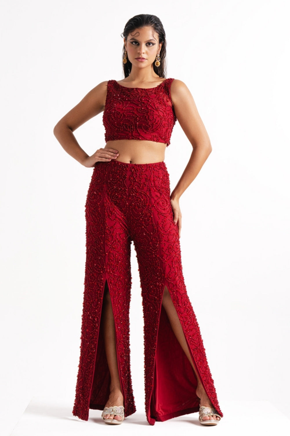 Red Embellished Crop Top and Flared Pants Set with Front Slits