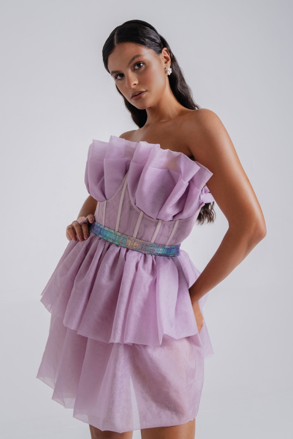 Lilac Tiered Organza Ruffle Short Dress