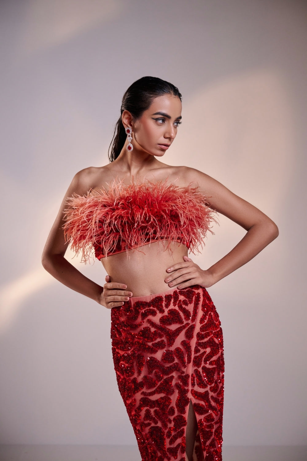 Red Feather Crop Top and Embellished Skirt with High Slit Set