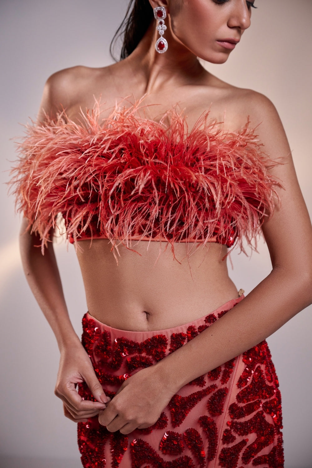 Red Feather Crop Top and Embellished Skirt with High Slit Set