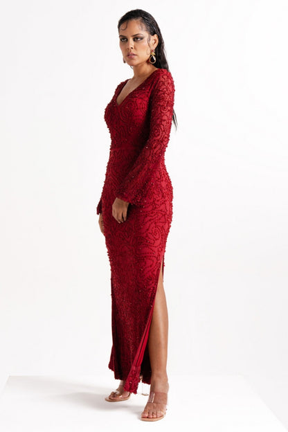 Red Embellished Bishop-Sleeve Gown with Thigh Slit