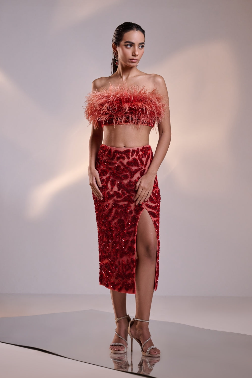 Red Feather Crop Top and Embellished Skirt with High Slit Set