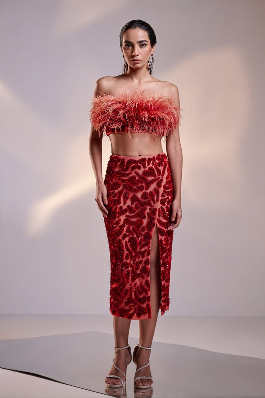 Red Feather Crop Top and Embellished Skirt with High Slit Set