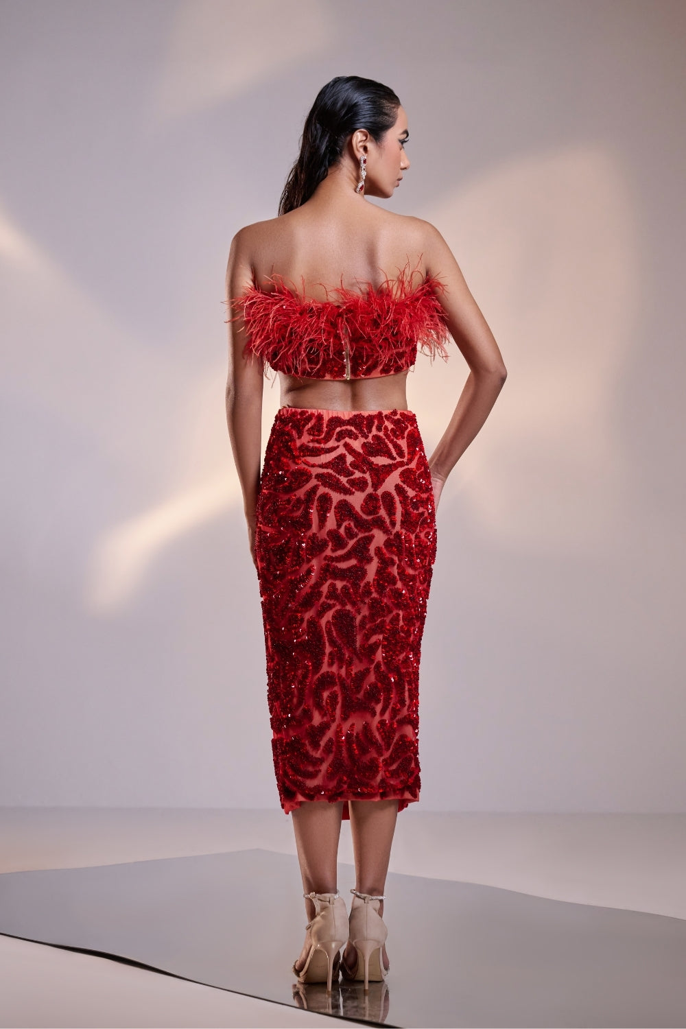 Red Feather Crop Top and Embellished Skirt with High Slit Set