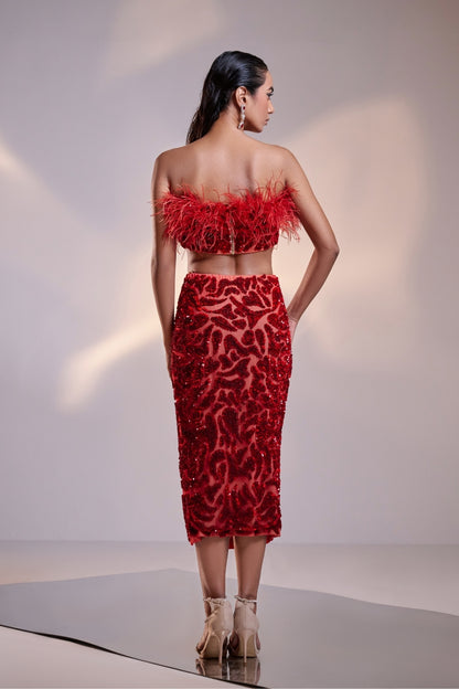 Red Feather Crop Top and Embellished Skirt with High Slit Set
