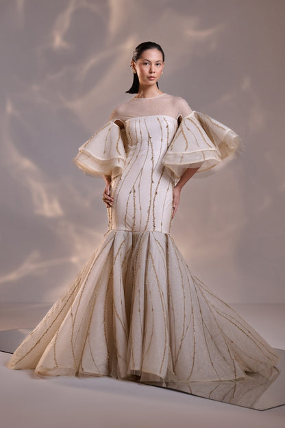 Regal Off- white Sculpted Couture Gown