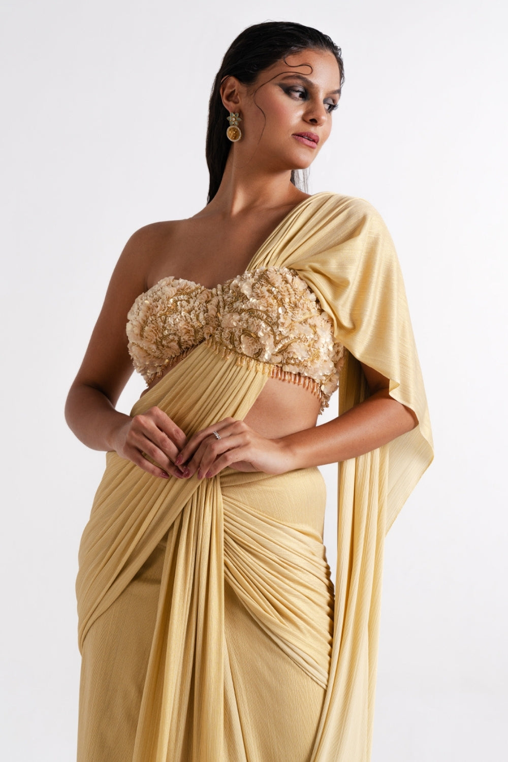 Gold Draped Saree set with Floral Embellished Blouse