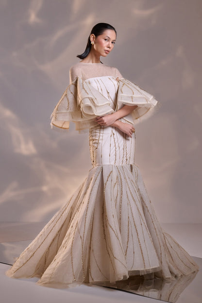 Regal Off- white Sculpted Couture Gown