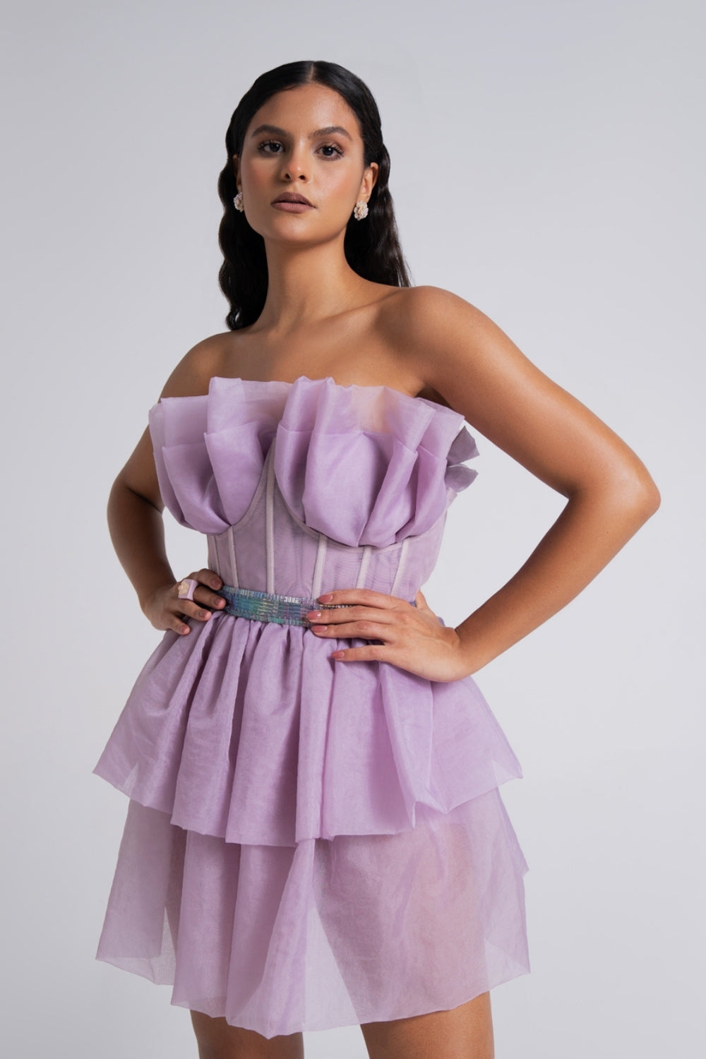 Lilac Tiered Organza Ruffle Short Dress