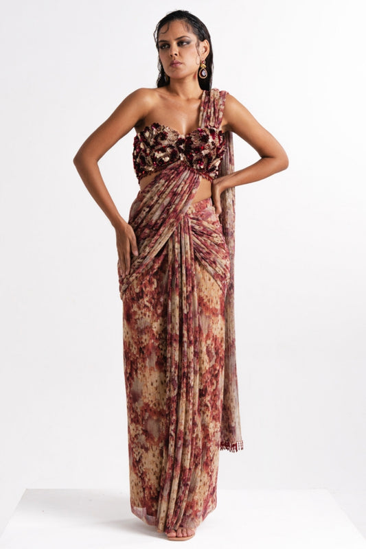 Floral Pre-Draped Saree Set