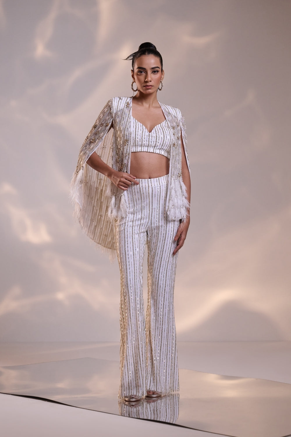Embellished White Co-ord set with Sheer Cape