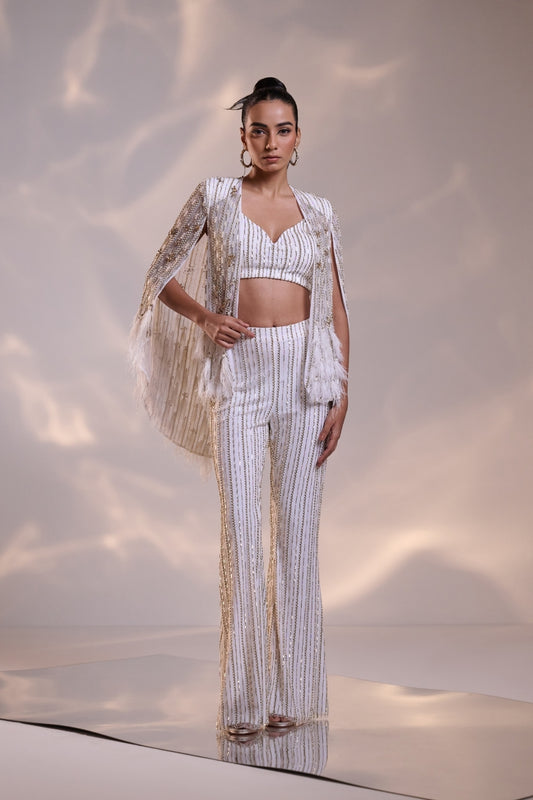 Embellished White Co-ord set with Sheer Cape