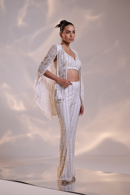 Embellished White Co-ord set with Sheer Cape