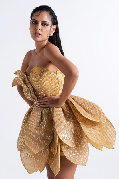 Gold Strapless Floral Petal Mini Dress