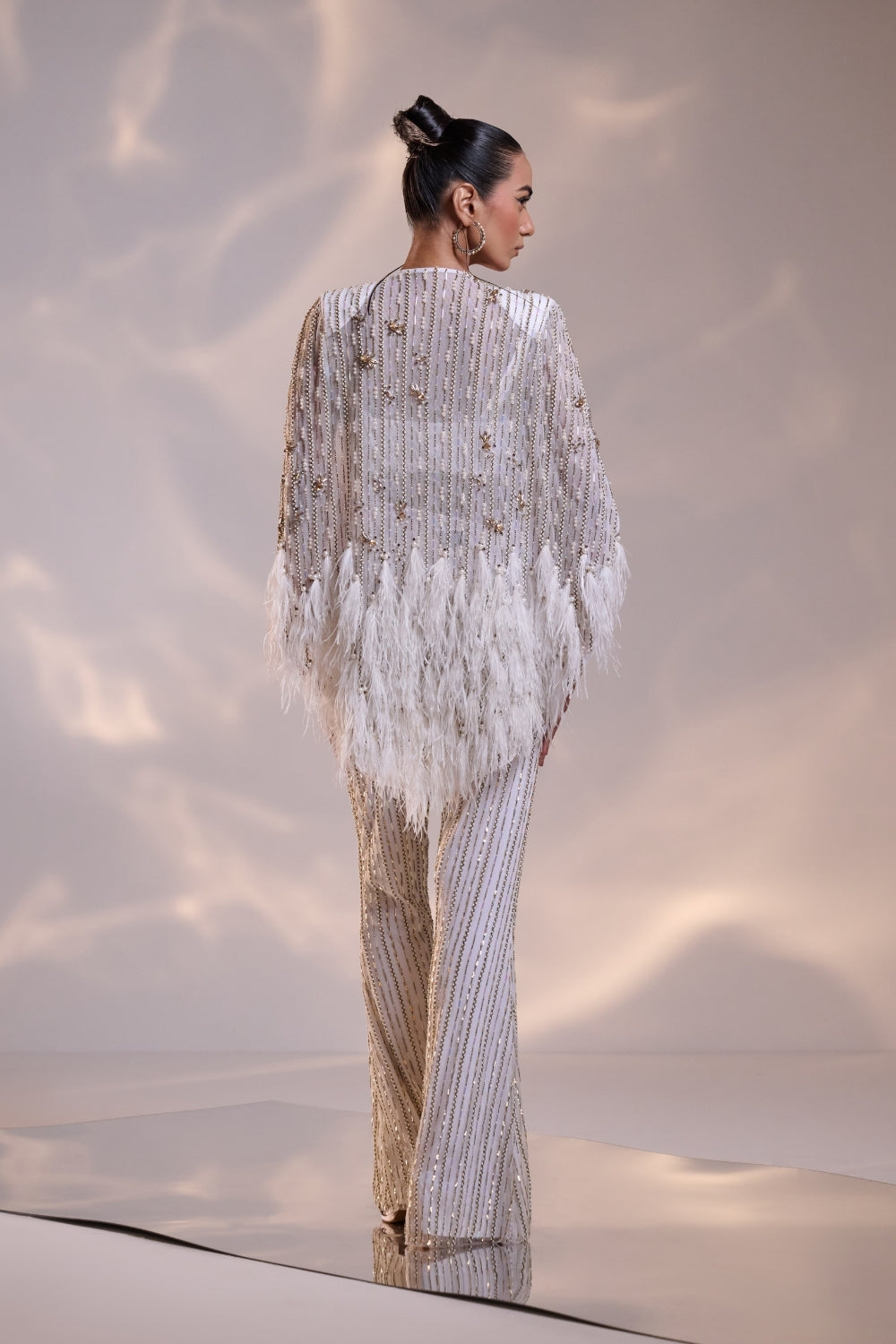 Embellished White Co-ord set with Sheer Cape