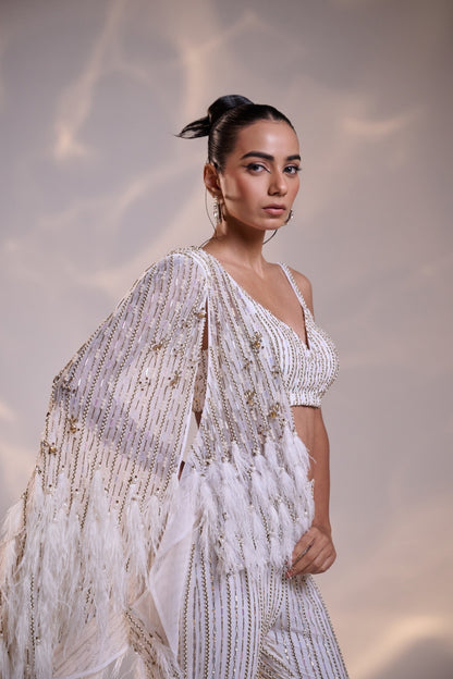 Embellished White Co-ord set with Sheer Cape