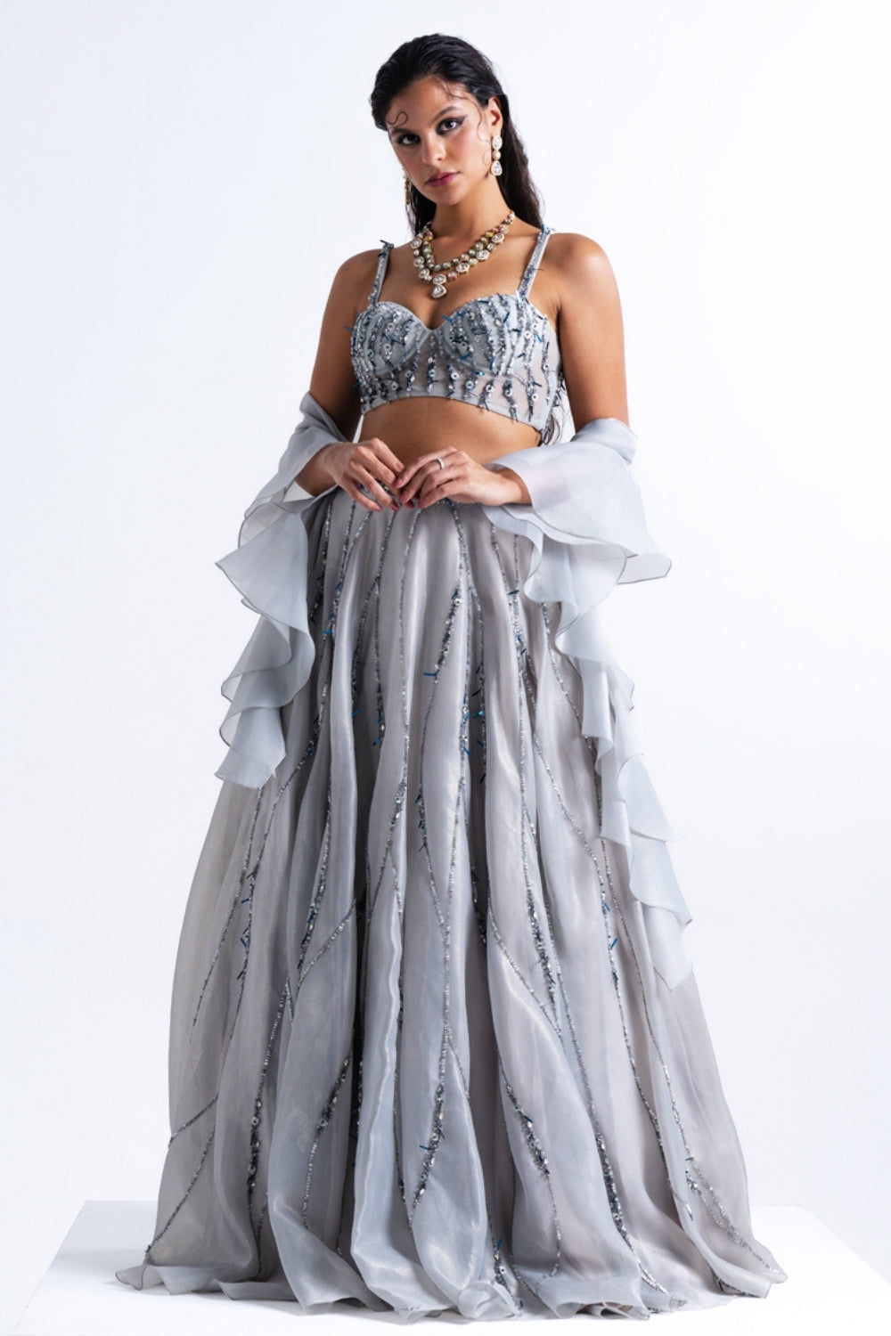 Dusty Blue Embellished Organza Lehenga