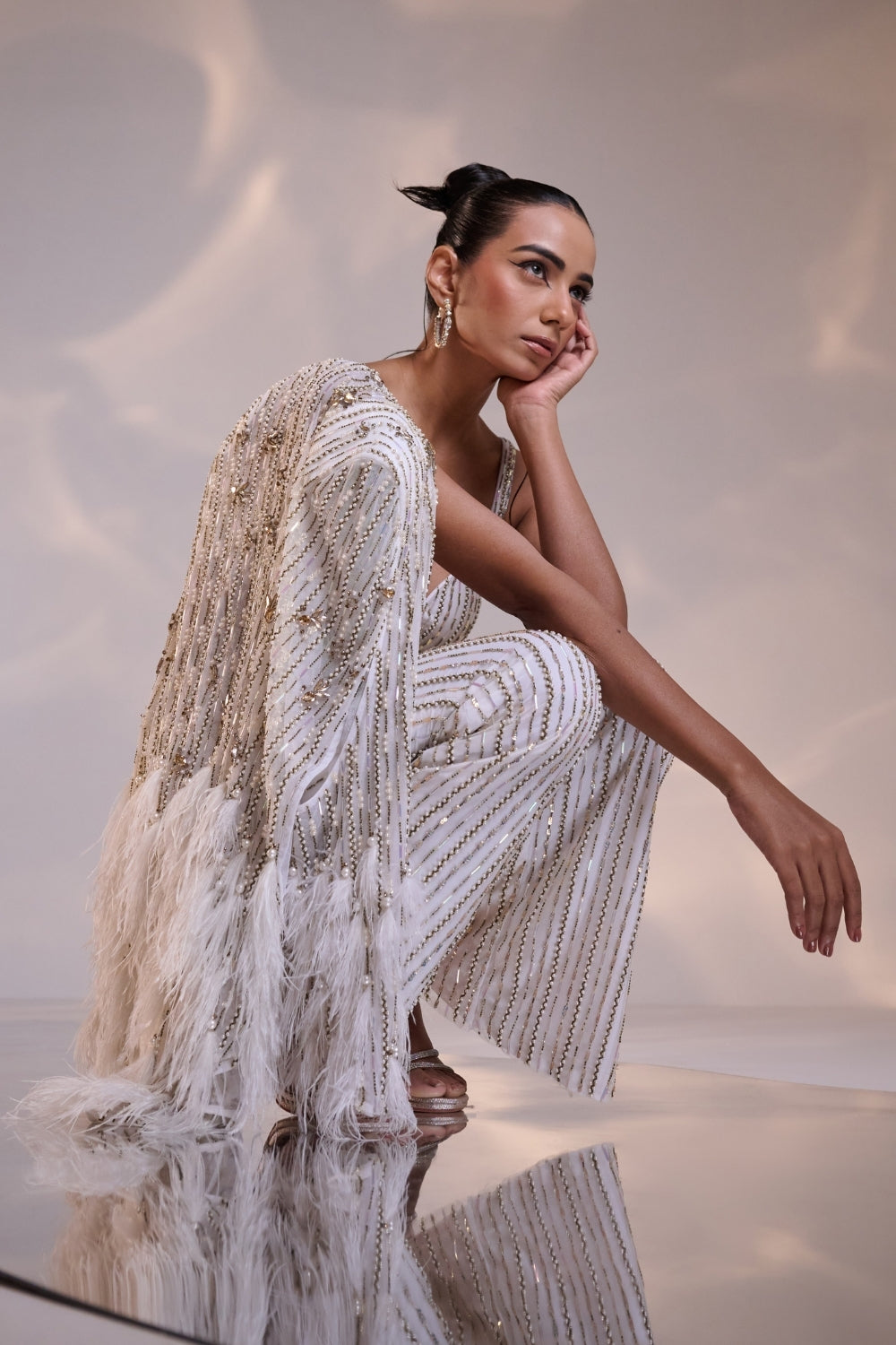 Embellished White Co-ord set with Sheer Cape