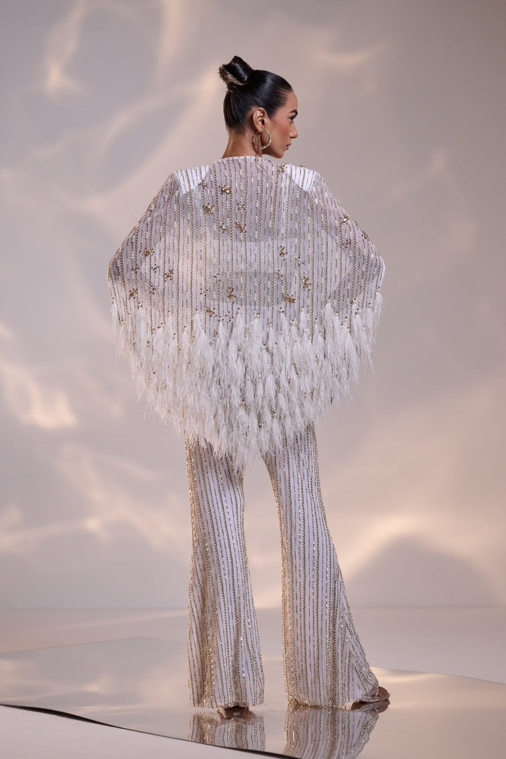 Embellished White Co-ord set with Sheer Cape