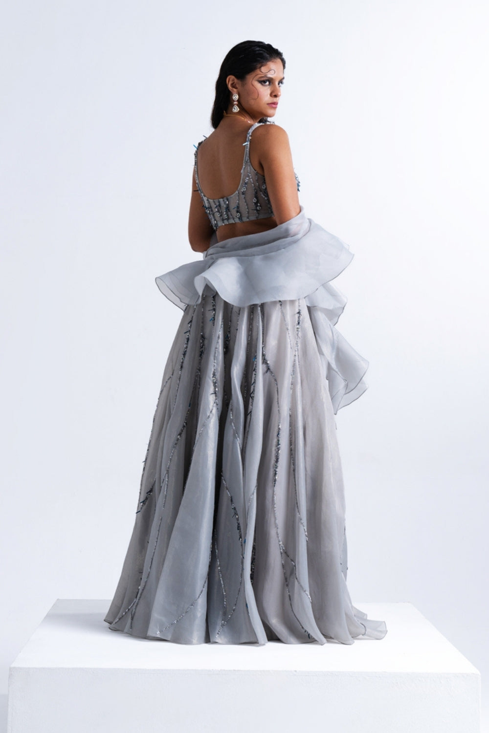 Dusty Blue Embellished Organza Lehenga