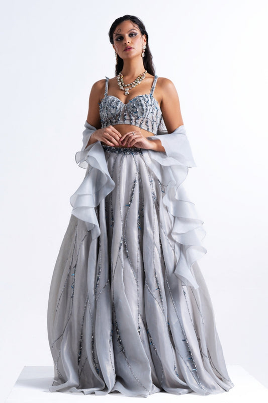 Dusty Blue Embellished Organza Lehenga
