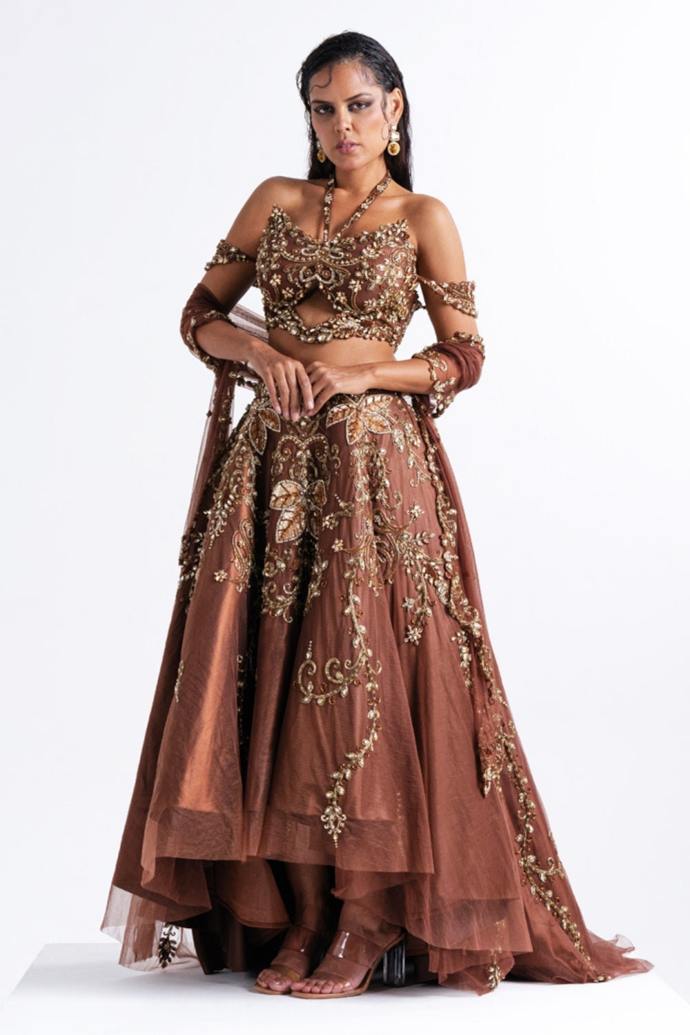 Brown Embellished Off-Shoulder High-Low Lehenga Set