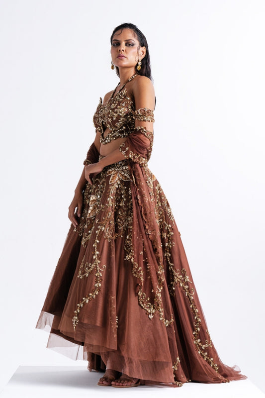 Brown Embellished Off-Shoulder High-Low Lehenga Set
