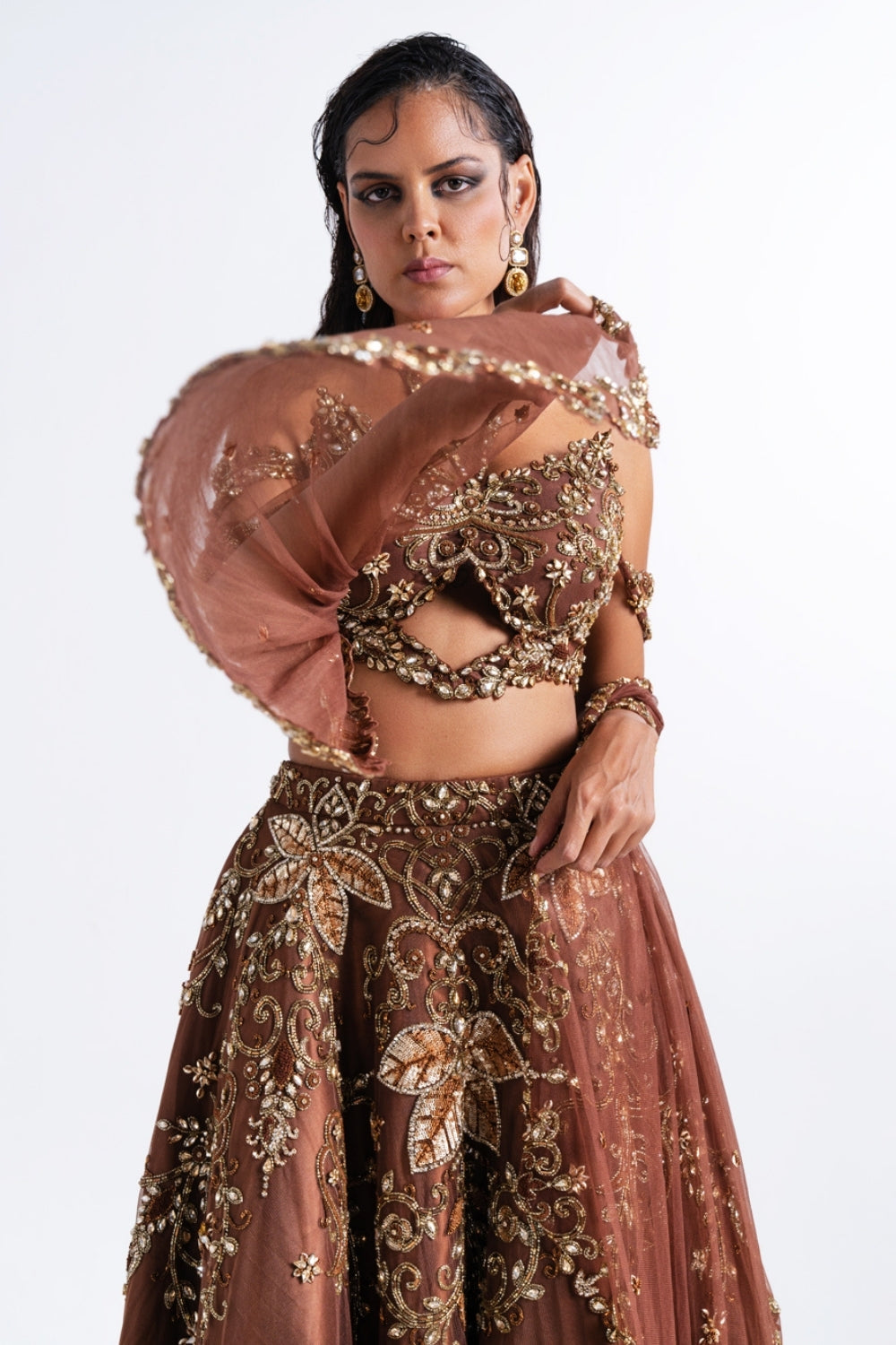Brown Embellished Off-Shoulder High-Low Lehenga Set