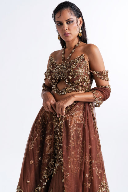 Brown Embellished Off-Shoulder High-Low Lehenga Set