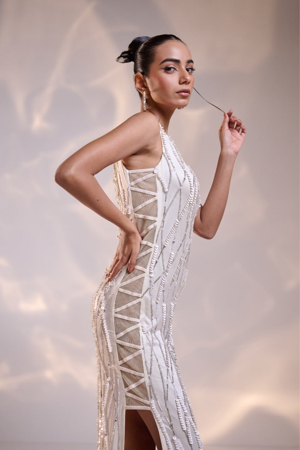 White Silk Sculpted Side Sheer Embellished Dress
