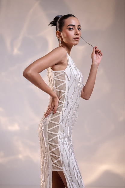 White Silk Sculpted Side Sheer Embellished Dress
