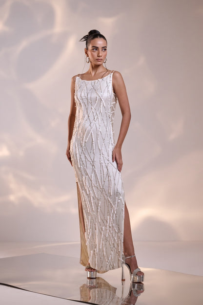 White Silk Sculpted Side Sheer Embellished Dress