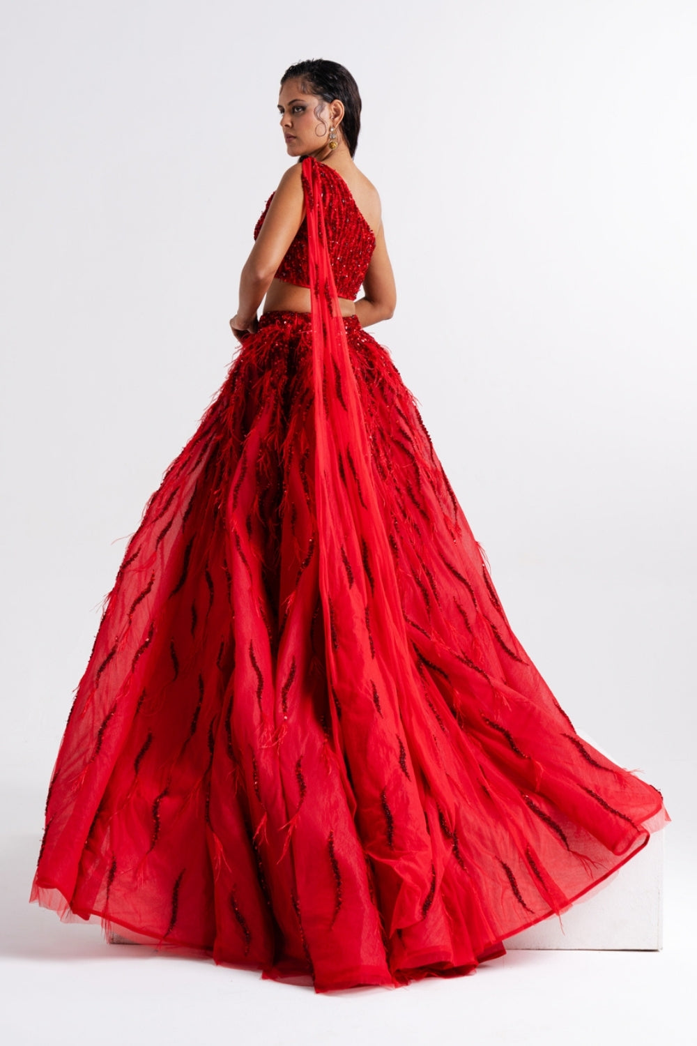 Scarlet Red Feather Embellished Lehenga Set