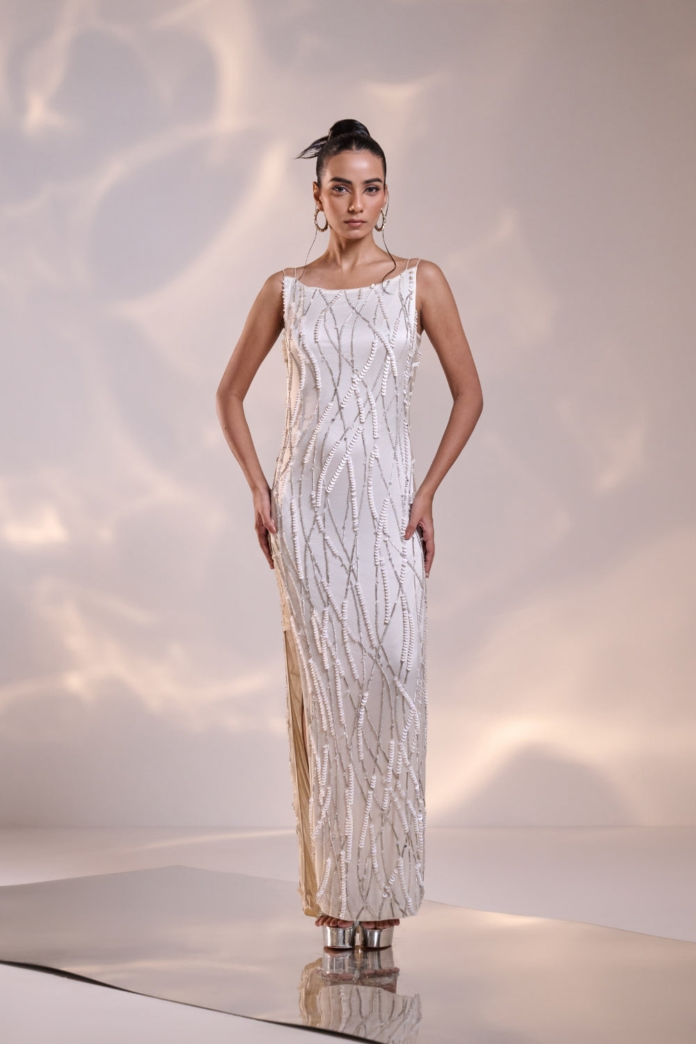 White Silk Sculpted Side Sheer Embellished Dress