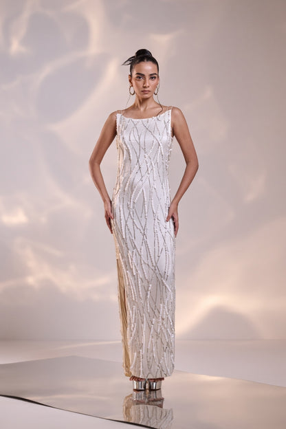 White Silk Sculpted Side Sheer Embellished Dress
