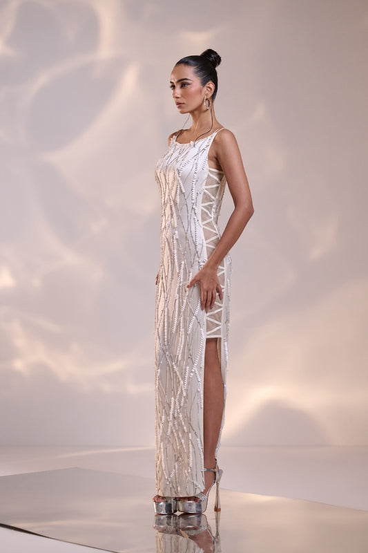 White Silk Sculpted Side Sheer Embellished Dress
