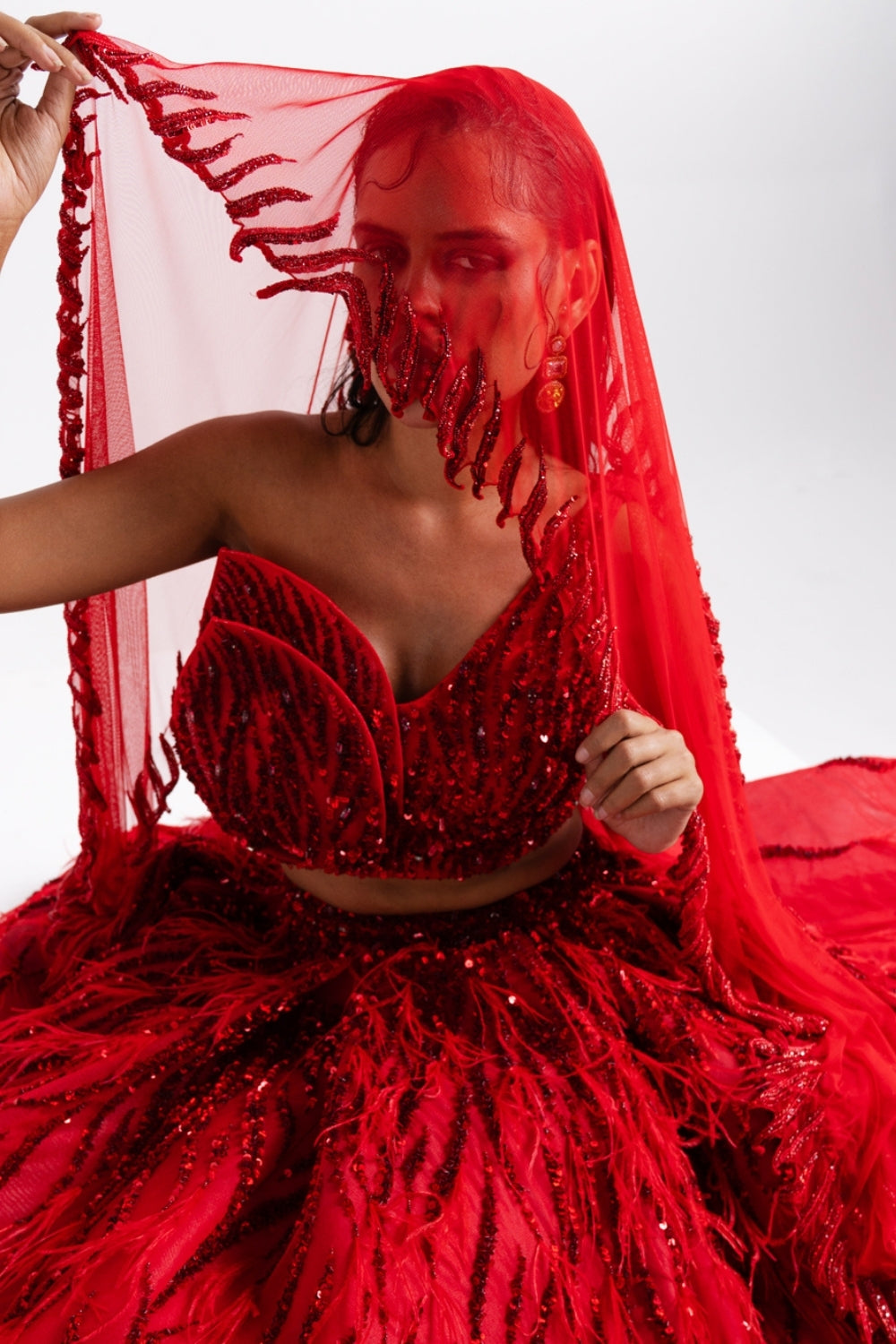 Scarlet Red Feather Embellished Lehenga Set