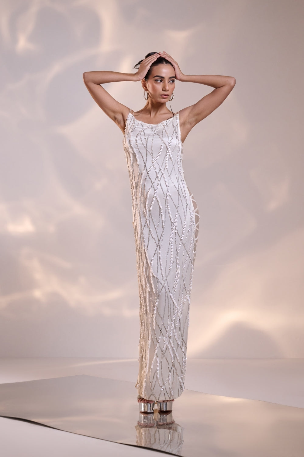 White Silk Sculpted Side Sheer Embellished Dress