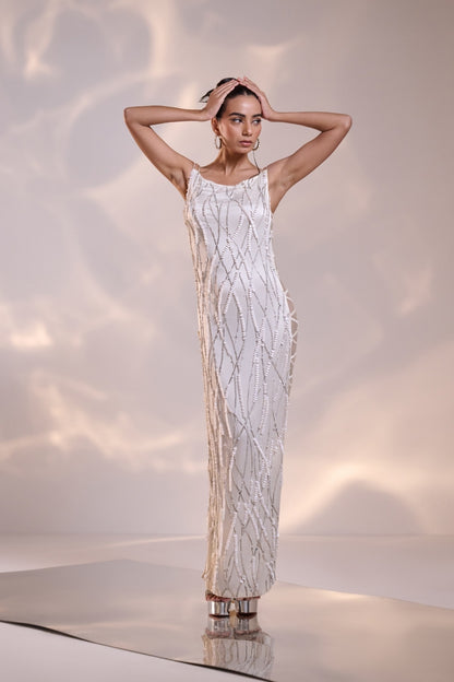 White Silk Sculpted Side Sheer Embellished Dress