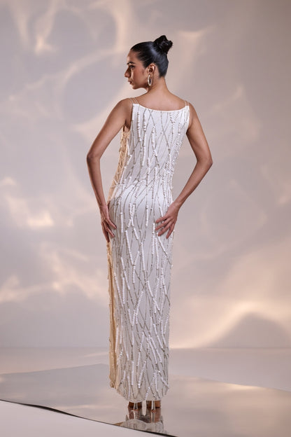 White Silk Sculpted Side Sheer Embellished Dress