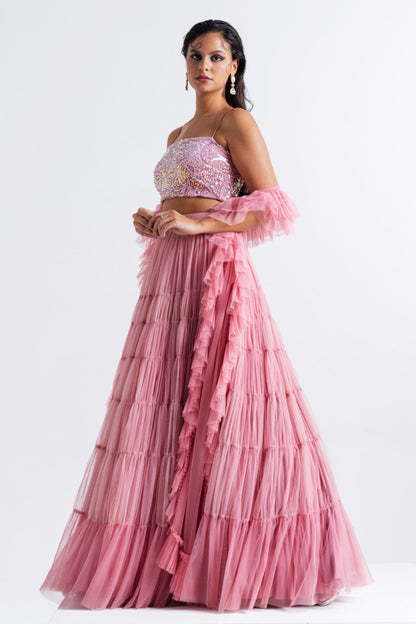 Dusty Pink Embellished Lehenga Set with Tiered Layers