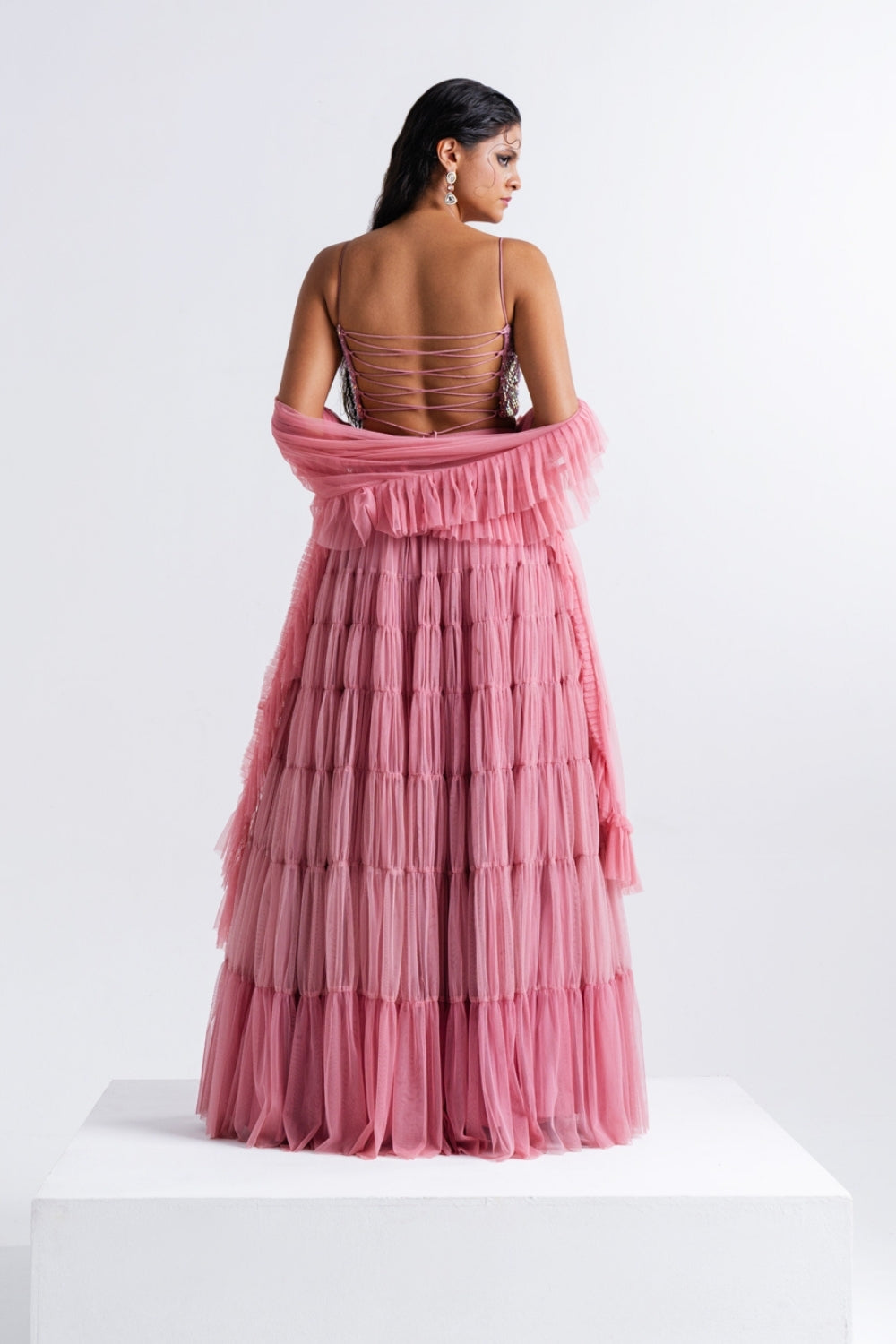 Dusty Pink Embellished Lehenga Set with Tiered Layers