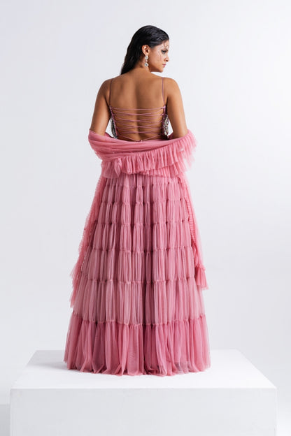 Dusty Pink Embellished Lehenga Set with Tiered Layers