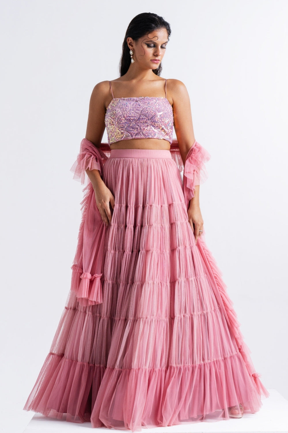 Dusty Pink Embellished Lehenga Set with Tiered Layers