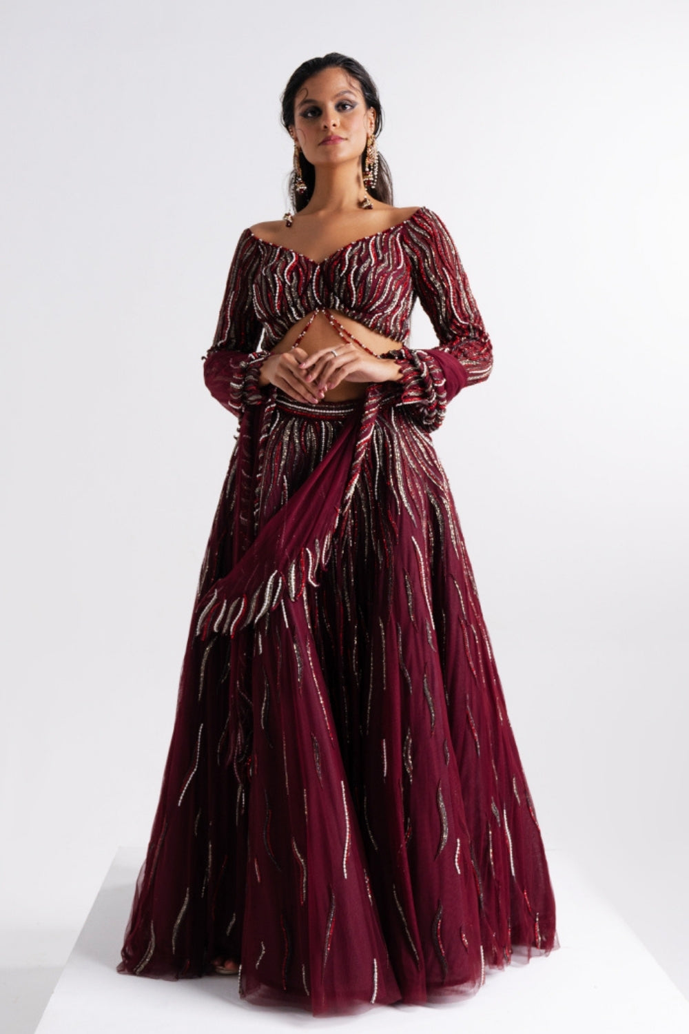 Wine Embellished Lehenga with Cut-out Stole