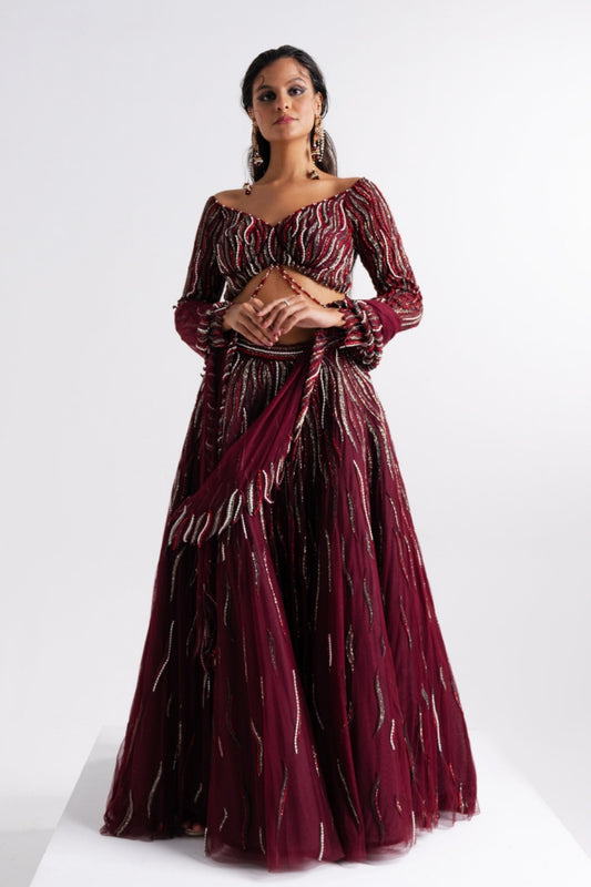 Wine Embellished Lehenga with Cut-out Stole