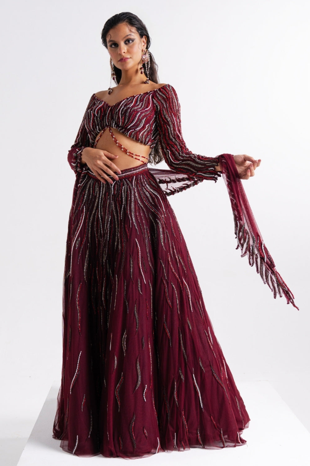 Wine Embellished Lehenga with Cut-out Stole
