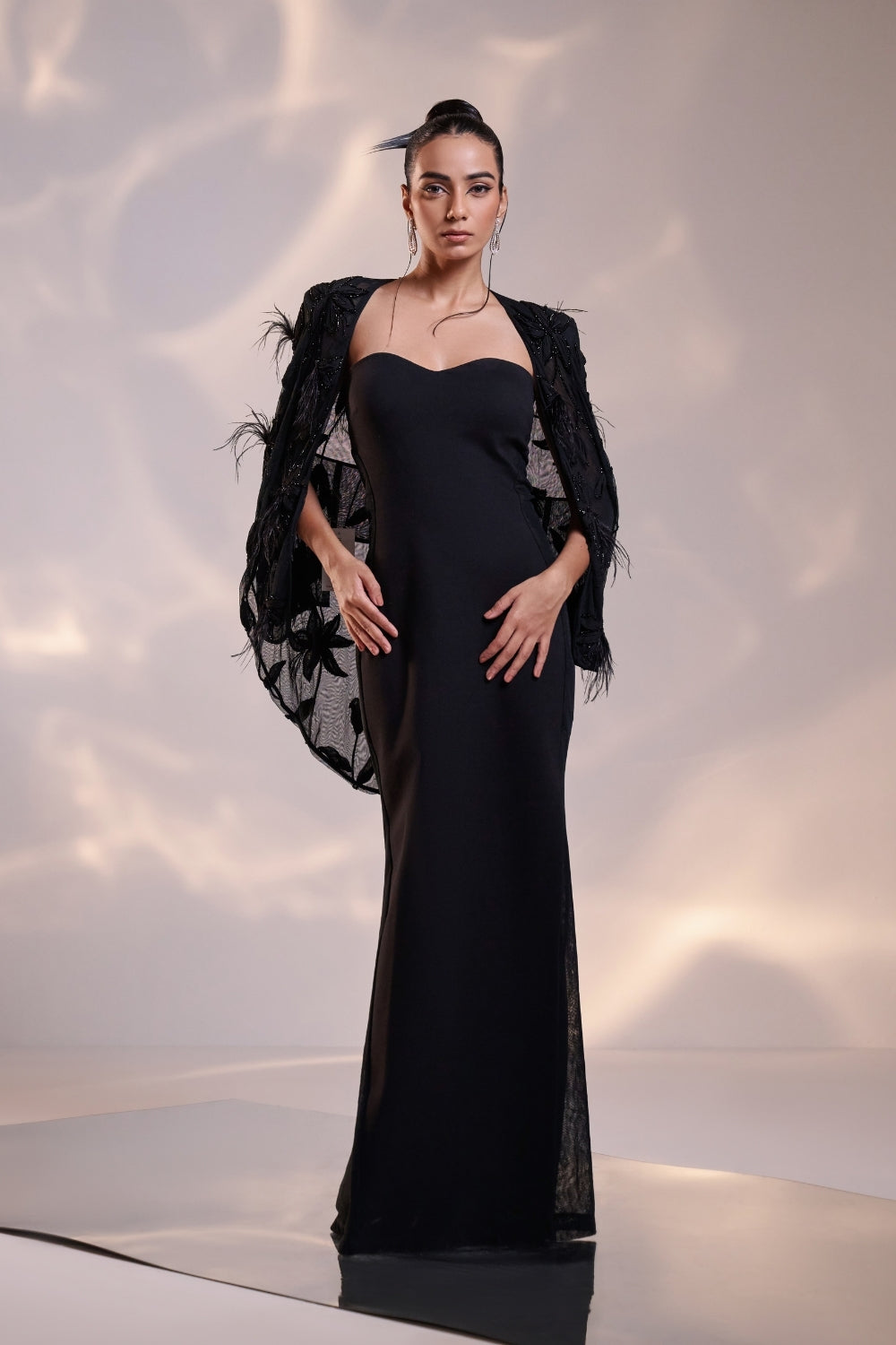 Sculpted Gown with Feathered Jacket