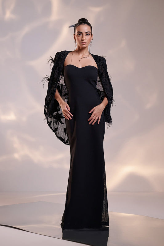 Sculpted Gown with Feathered Jacket