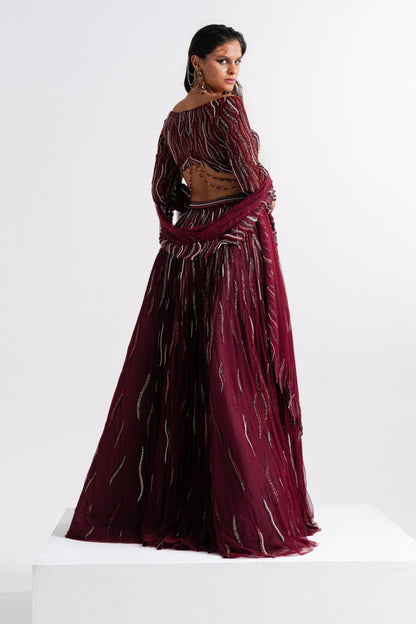 Wine Embellished Lehenga with Cut-out Stole
